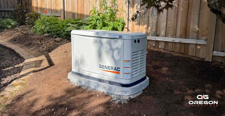 Generac generator in back yard of a fenced in home.